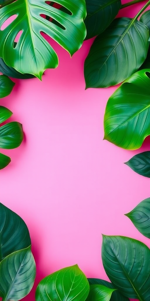 Create a vibrant illustration of tropical leaves arranged around a blank pink background, using a DSLR camera with a 50mm lens, aperture set to f/2.8 for shallow depth of field, and a top-down view for emphasis on leaf textures.