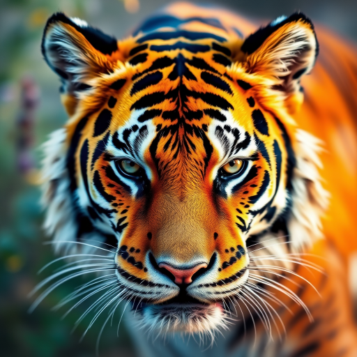 Generate a high-resolution watercolor painting of a tiger's face with vibrant colors, sharp details, and soft background elements, using a Canon EOS R5 with an aperture of f/2.8, ISO 100, focal length of 50mm, in portrait mode for enhanced depth of field and clarity.