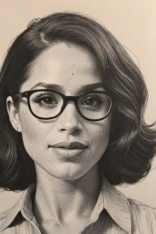 Splendid Meghan Markle, pencil sketch, portrait of Fetching woman 1950s in glasses, hair style beatnik, outline, clear lines, fine lines, 8k