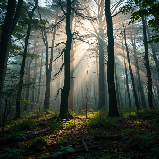 Create a high-resolution image of a mystical forest with soft, diffused lighting, using a Canon EOS R5 at f/2.8, ISO 100, shot in landscape mode from a low angle to capture depth and texture, ensuring vibrant colors and sharp details in a dreamy style.