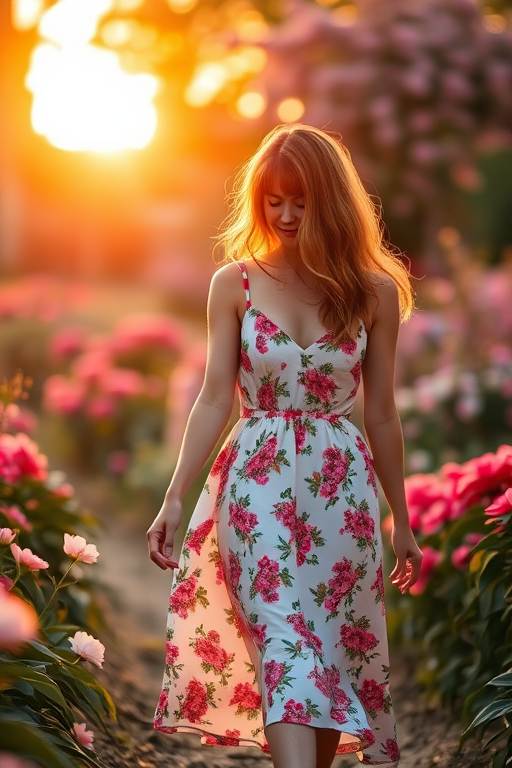 Capture a woman in a floral dress walking through a blooming garden, sunset lighting, shallow depth of field, Canon EOS R5, 50mm f/1.8 lens, ISO 100, f/2.8, 1/200 sec.