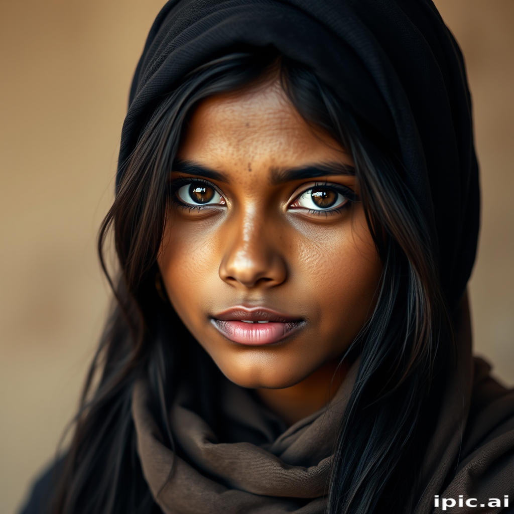 Create a portrait of a young Sri Lankan woman with long, dark hair and captivating hazel eyes. She is wearing a dark headscarf and a matching scarf draped gracefully around her neck. The background is softly blurred, focusing attention on her serene and natural expression. The overall color palette is muted and warm, enhancing the intimate and authentic feel of the portrait.
