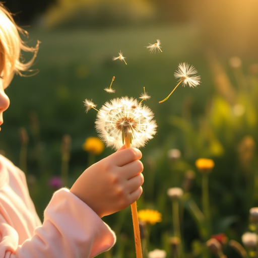 Softly focused image of a child blowing on a dandelion, seeds scattering into the wind, with warm sunlight casting a golden hue over the field of grass and wildflowers behind them.