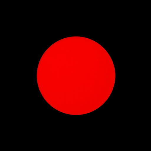 Create a bright, glossy red circle centered in a minimalist black background using a DSLR camera with a 50mm lens at f/1.8 for shallow depth of field, ISO 100, and a soft diffused light source to enhance reflections.