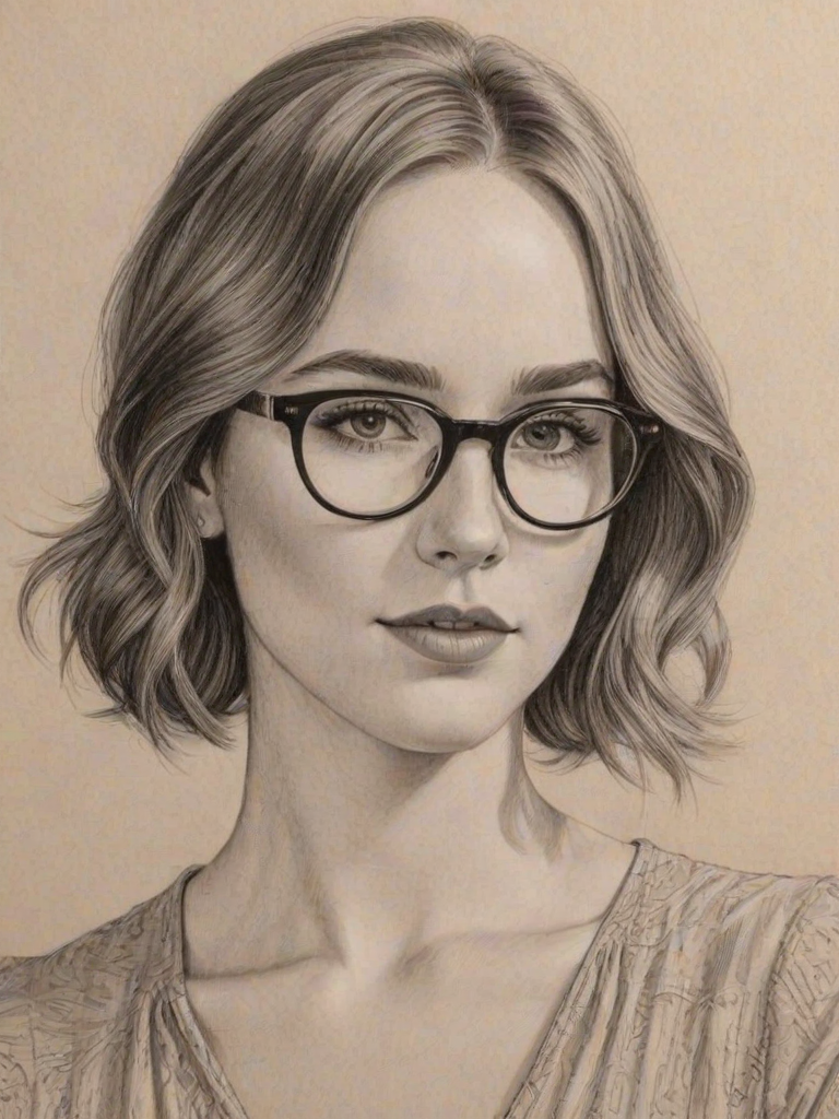Resplendent Camryn Grimes, pencil sketch, portrait of Exquisite woman 1929s in glasses, hair style beatnik, outline, clear lines, fine lines, 8k