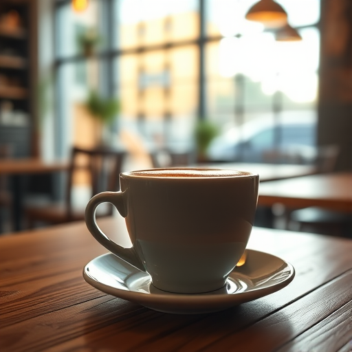 A cozy coffee shop scene featuring a beautifully crafted cup of cappuccino on a wooden table, rich with natural light streaming through large windows, with an emphasis on depth of field and bokeh effects, captured with a Canon EOS R5 at f/2.8, ISO 100, 50mm lens, in soft morning light.