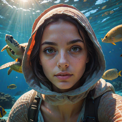 Realistic selfie image of a Hispanic, wearing a vintage outfit, detailed dreamy eyes, droopy hooded eyes, staring at the camera, taken underwater at coral reef with a sunbeam filtering through the water, vibrant, summer vacation, natural lighting, turtle and school of tropical fish with vibrant colors, rendered in the style of CryEngine, Pegi Nicol MacLeod, with realistic genre scenes, hauntingly beautiful narratives, ultra-realism, and Thomas Saliot's close-up technique, 8K resolution, crystal clear and sparkling water.