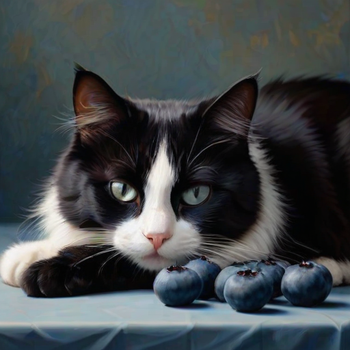 A black-and-white cat rests quietly among (plump, dark blueberries), its (glossy black fur and white patches) blending subtly with the (deep blue tones) of the fruit. The black patches on its fur merge seamlessly with the (midnight blue shades) of the blueberries, while the white areas create a gentle contrast, reminiscent of soft moonlight touching the berries. The cat’s body curves elegantly around the scattered fruits, its (relaxed posture) suggesting a peaceful sleep. Tiny highlights catch on both the (round blueberries) and the (cat’s fur), adding a soft, intermingling glow. Its closed eyes and (serene expression) evoke a sense of tranquility, as if it’s nestled safely among [berries | hidden among the fruits]. The scene alternates between (the cat’s dark fur blending into the shadows) and (the brightness of the white patches), creating a harmonious interplay of light and dark, where the cat’s form almost disappears into the scene, yet remains delicately defined by the soft contrast.