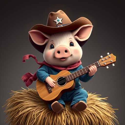A chibi pig, dressed as a cowboy, playing guitar, sitting on a hay bale