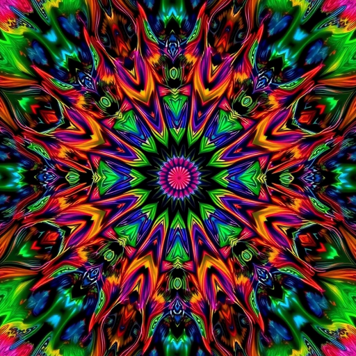 Create a vibrant fractal mandala with intricate patterns and vivid colors, using a DSLR camera with a 50mm lens, f/1.8 aperture, ISO 100, 1/60 sec shutter speed, captured from a close-up view, in high-resolution.