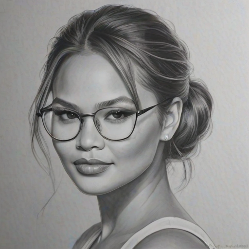 Appealing Chrissy Teigen, pencil sketch, portrait of Delightful woman 1933s in glasses, hair style beatnik, outline, clear lines, fine lines, 8k