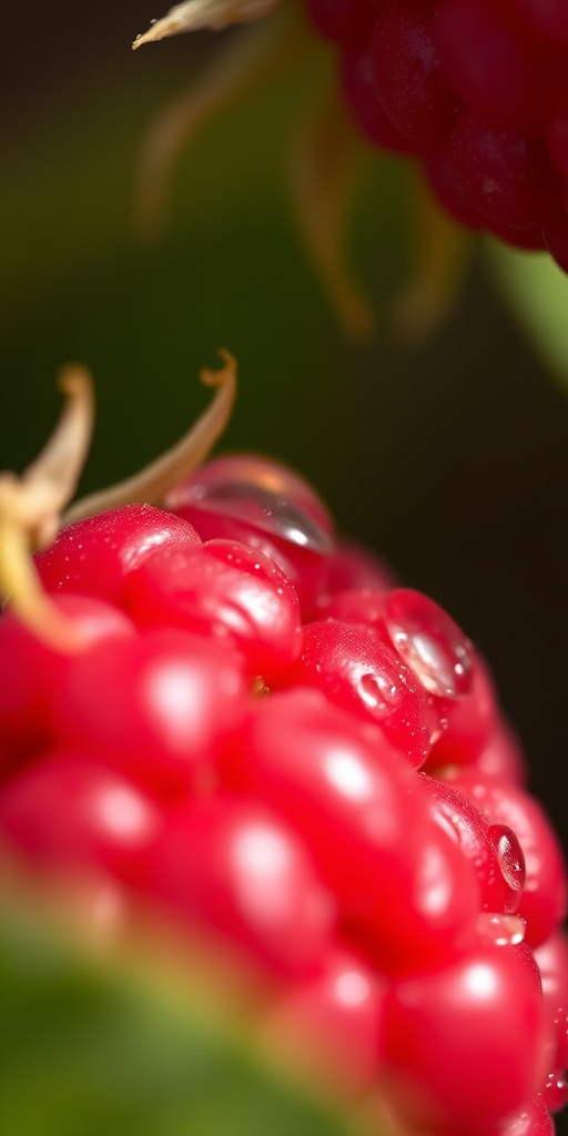 close-up of a ripe raspberry with dew drops, shallow depth of field, f/2.8 aperture, 50mm lens, soft natural lighting, macro photography, DSLR camera