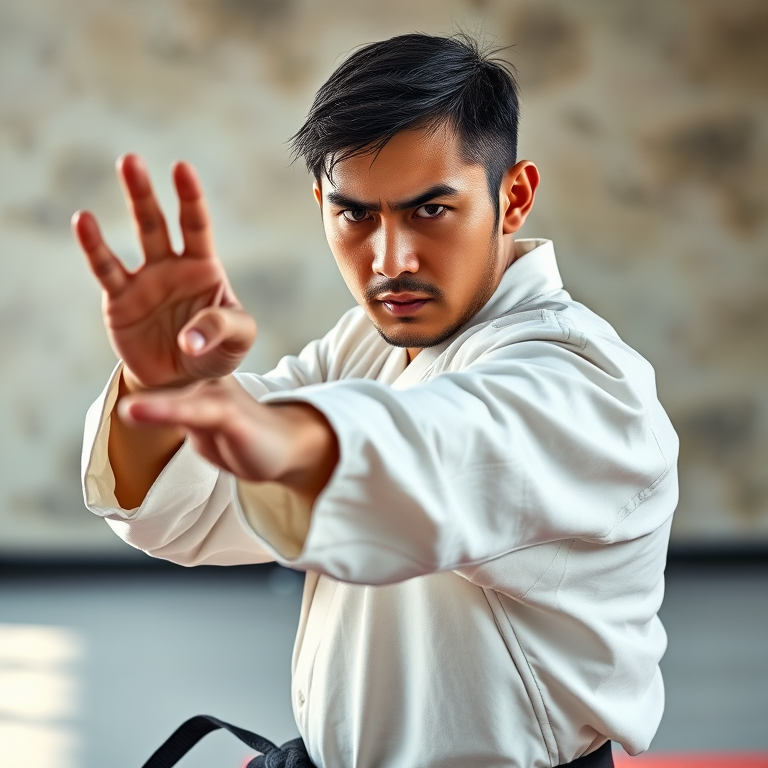 Generate a high-resolution image of a martial artist in an action pose with a detailed hand gesture, using a DSLR camera at f/2.8, ISO 100, shutter speed 1/500 sec, 35mm lens, in a soft natural light setting to enhance clarity and contrast.