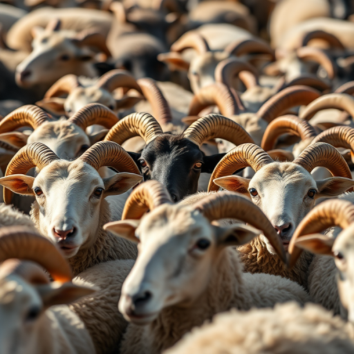 Focus on a densely packed group of sheep with unique horn shapes, shot in natural light with a shallow depth of field, using a DSLR camera with a 50mm lens, aperture f/2.8, ISO 200, and shutter speed 1/200s for enhanced detail and clarity.