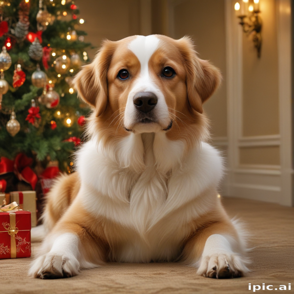 A Festive Dog Relaxing in Front of a Christmas Tree and Presents.
