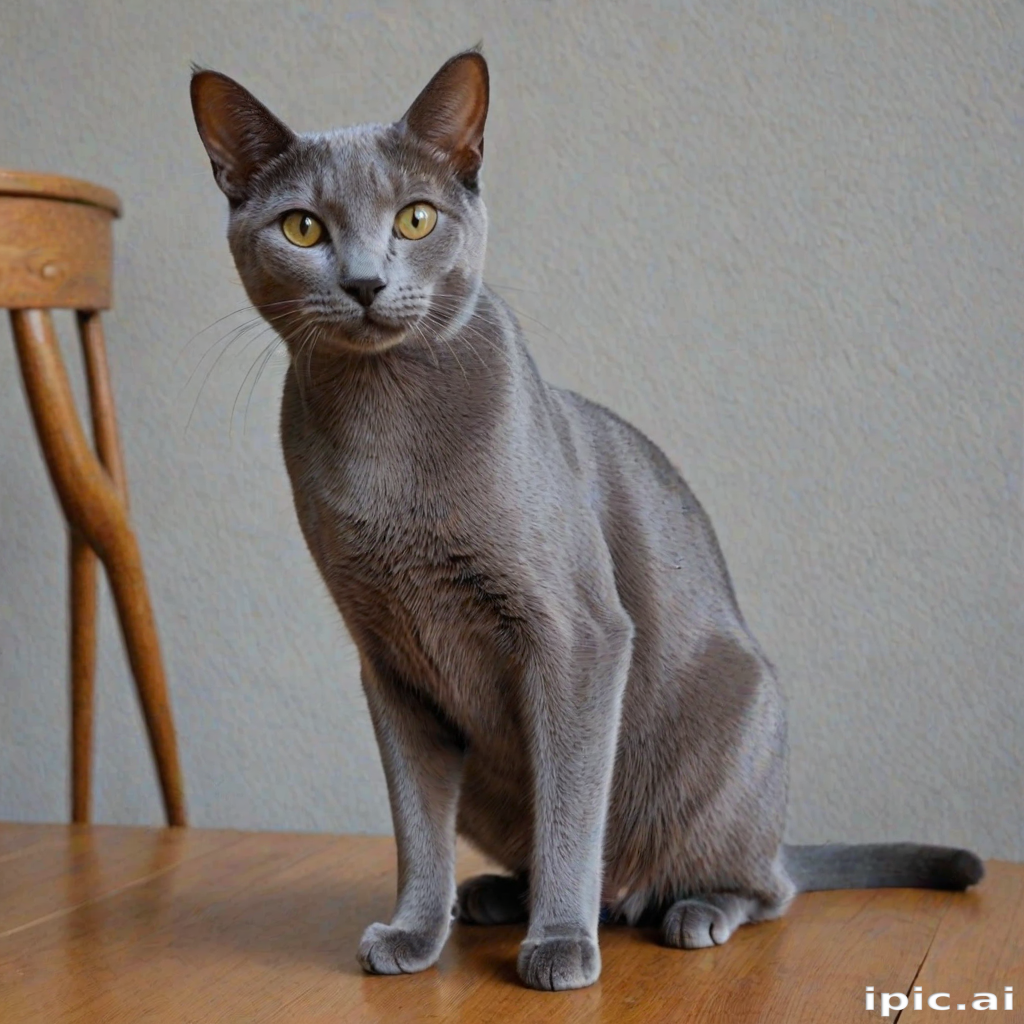 A Graceful Gray Cat Sitting Elegantly on a Wooden Table Surface