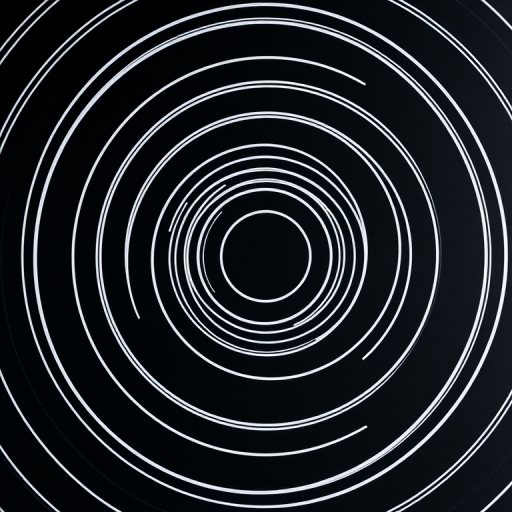 Create a high-resolution image of concentric circles in varying sizes on a black background, with crisp white lines, shot with a DSLR camera at f/8 aperture, ISO 100, and a focal length of 50mm, using a top-down view to achieve a clean pattern effect.