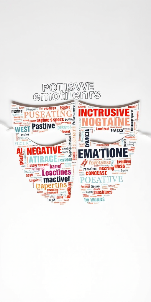 Create an artistic representation of the concept of emotions using word clouds shaped like theatrical masks, featuring a blend of positive words in one mask and negative words in the other; shot with a DSLR camera at f/2.8, ISO 100, 50mm lens, natural lighting, top-down view.