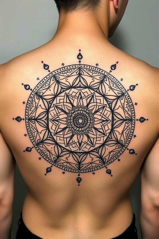 Dotwork mandala tattoo entitled "Cosmic Symmetry" featuring intricate patterns, sacred geometry, and celestial elements created entirely with tiny dots, suitable for circular placements like shoulder or back