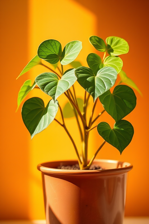 A stylish potted plant with heart-shaped leaves against a warm, sunny background, captured with a DSLR camera at f/2.8, ISO 100, 50mm lens, natural light, focusing on soft shadows and vibrant colors.