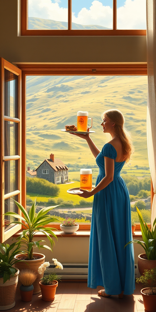 In "A Glass of Beer on the Highland," a serene scene is depicted in a sunlit room where a woman in a vibrant blue dress stands by a large window. She holds a tray with a hearty meal and a frothy glass of beer, embodying a moment of relaxation. Outside, the breathtaking highland landscape features rolling green hills and a charming traditional house, all bathed in warm afternoon light. The interior is adorned with potted plants, creating a harmonious blend of comfort and nature. The painting beautifully captures the tranquility and joy found in simple pleasures amidst stunning scenery