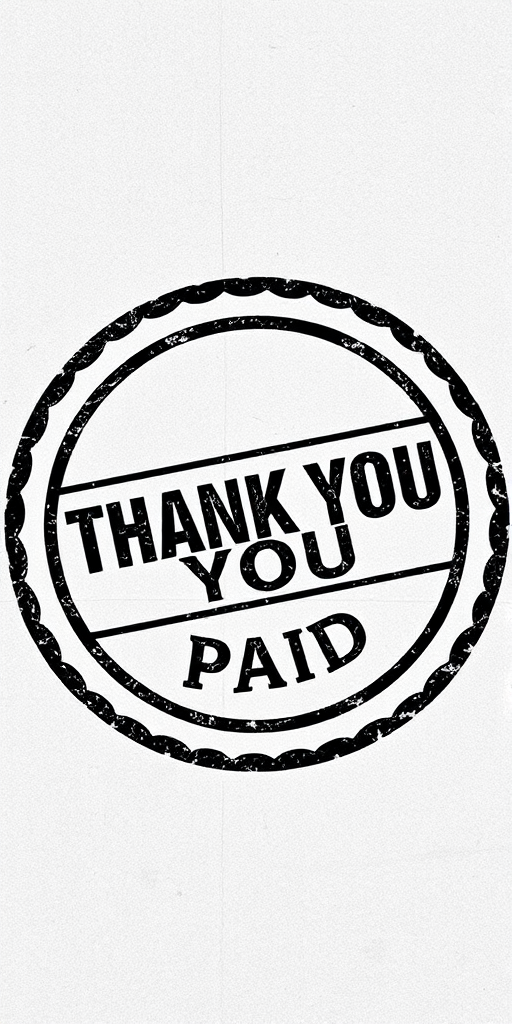 Create an image of a vintage-style stamp featuring the words "THANK YOU" and "PAID" at the center, with a textured black and white design, shot with a DSLR camera, aperture f/2.8, ISO 100, 50mm lens, using natural lighting to highlight the details and textures.