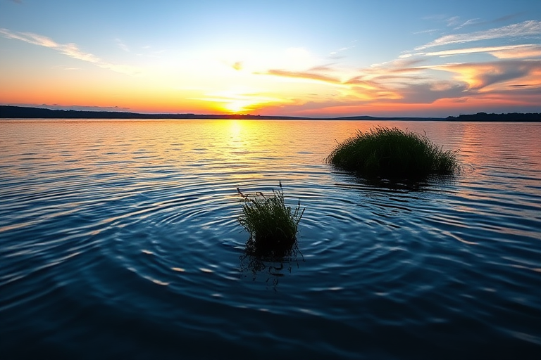 Capture a serene landscape of a lake at sunset with gentle ripples reflecting the colorful sky, featuring two small bushes in the shallow water, shot with a DSLR camera, 24mm lens, f/11 aperture, ISO 100, and shutter speed 1/125 sec, using a wide-angle view for enhanced depth and clarity.