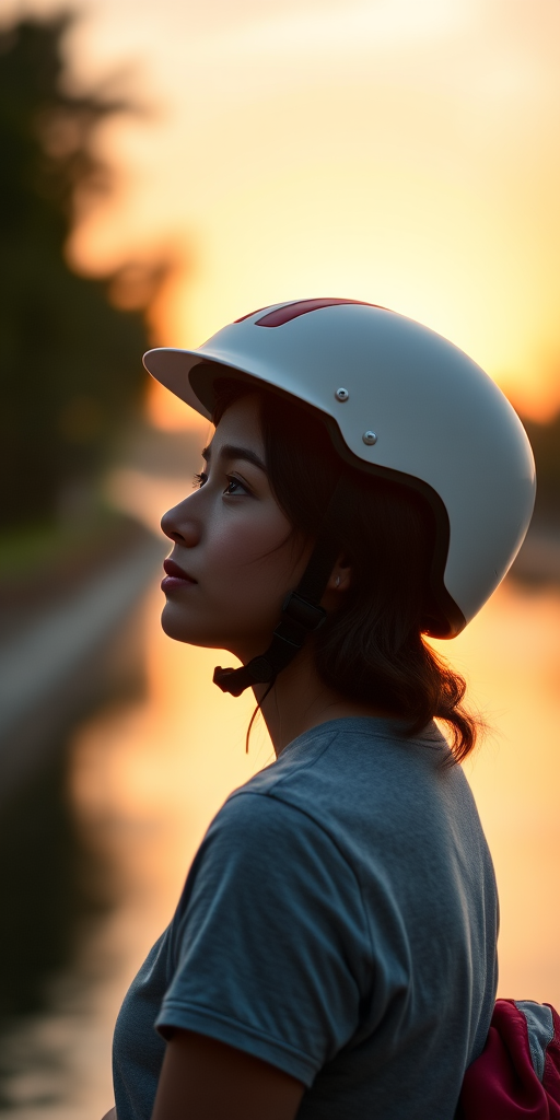 generate a serene portrait of a person wearing a white helmet, gazing thoughtfully towards a sunset over a calm river, soft bokeh in the background, aperture f/2.8, ISO 100, shutter speed 1/60s, 85mm lens, shallow depth of field, natural light, taken with a DSLR camera.
