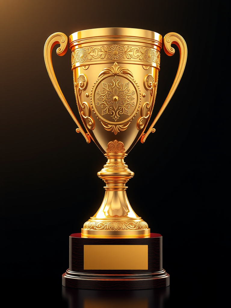 Create a highly detailed digital illustration of a shiny gold trophy with intricate designs on a dark wooden base, with soft studio lighting and a shallow depth of field, captured with a DSLR camera at f/2.8, ISO 100, and a 50mm lens to enhance the image quality and focus on the trophy.