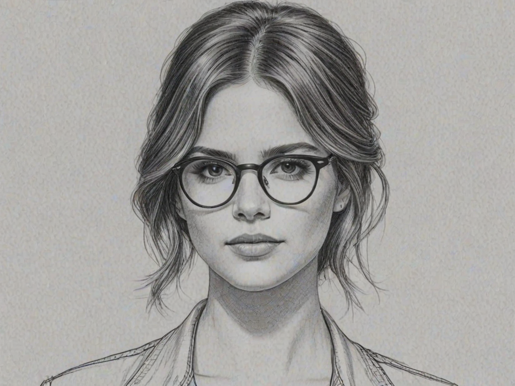 Bewitching Shelley Hennig, pencil sketch, portrait of Sublime woman 1971s in glasses, hair style beatnik, outline, clear lines, fine lines, 8k