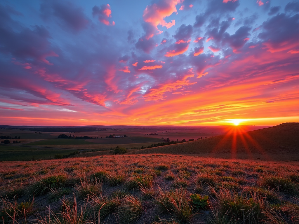 Create a high-resolution image of a serene landscape at sunset with vibrant colors, using a DSLR camera with a 50mm lens, aperture set to f/1.8, ISO 100, shutter speed 1/200s, taken from a low angle view, with a wide dynamic range and enhanced contrast.