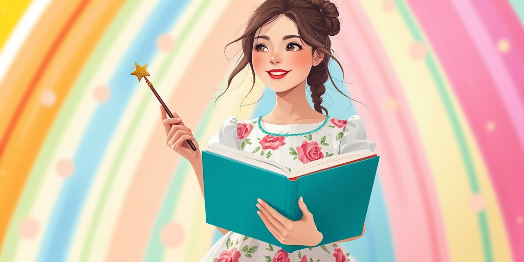 Create a whimsical illustration of a young woman in a floral white dress holding a book and a wand, set in a bright, colorful background, captured with a Canon EOS R5, 50mm lens, f/1.8 aperture, natural light, shallow depth of field.