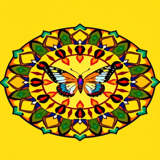 Create a vibrant, circular mandala design featuring a central figure of a butterfly integrated with geometric patterns and bold colors, using a DSLR camera with a 50mm lens, aperture set to f/1.8, 1/125 shutter speed, and ISO 100 for enhanced clarity and vividness.