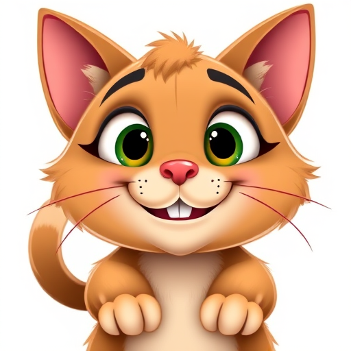 Create a high-resolution cartoon image of a smiling brown cat with exaggerated features and large eyes, using a digital camera at f/2.8 aperture, ISO 100, 24mm lens, taken in a bright studio setting for enhanced vibrancy and clarity.