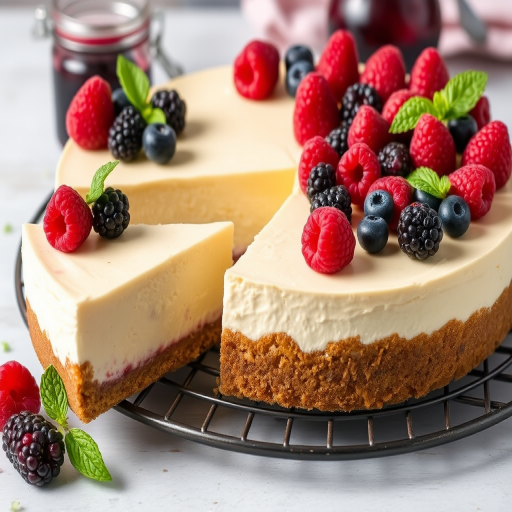 A delicious cheesecake topped with a variety of fresh berries including raspberries blackberries and blueberries garnished with mint leaves on a cooling rack with a slice cut out revealing the creamy texture inside alongside a jar of berry sauce in the background