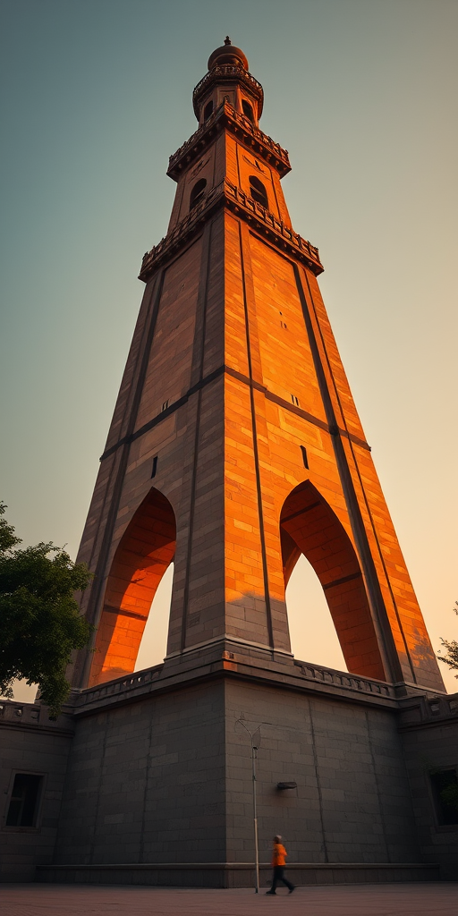 Regenerate a high-resolution image of the Minar-e-Pakistan monument in Lahore, Pakistan, using a DSLR camera with a 50mm lens at f/8 aperture, ISO 100, and a low-angle view during golden hour to enhance the lighting and shadows.