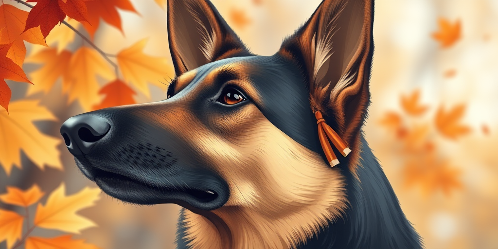 Create a detailed illustration of a German Shepherd's head surrounded by autumn leaves, captured in high resolution with a 50mm lens at f/1.8, in soft natural light, using a digital art style for clarity and vibrancy.