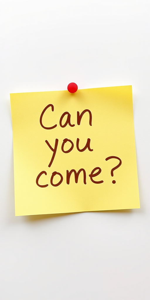 Yellow post-it note, hand written in brown pen text "Can you come??", 3d, hd, hyper realistic,