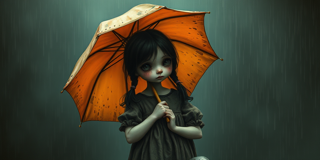 An eerie, weird little girl with dark hair in thin pigtails, wearing a smock dress, standing in the rain, holding a dirty orange umbrella, a small, odd creature beside her. In a surreal style inspired by Nicoletta Ceccoli and Brian Froud. Dark fantasy themes
