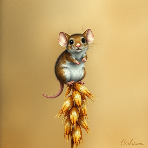 Soft, muted Alcohol Ink with ebru effect background image of tiny whimsical mousey, who climbed high on the top of a golden rye ear.