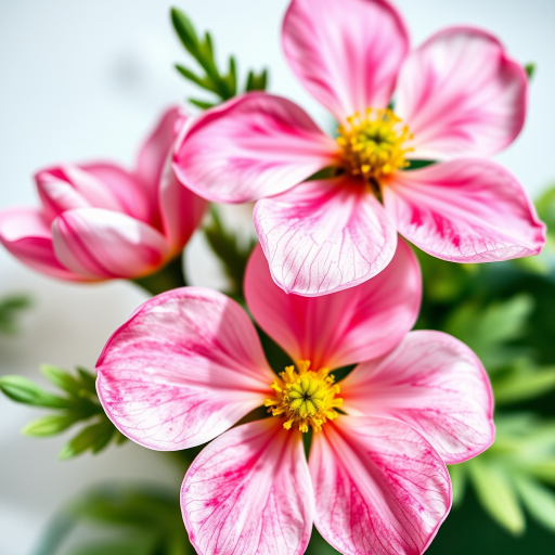 Create a watercolor painting of three flowers in soft pink hues with green foliage, using a DSLR camera with an aperture of f/2.8, a shutter speed of 1/200s, ISO 100, in macro view to enhance detail and vibrancy.