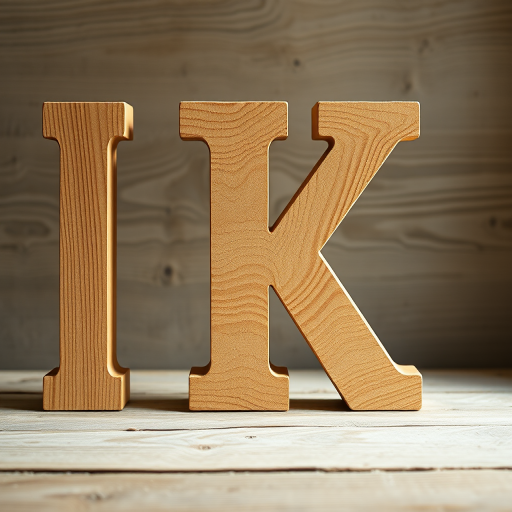 Create an image of a large, textured wooden letter "K" with intricate details, captured in high resolution using a DSLR camera with a 50mm lens at f/2.8, ISO 100, and a soft natural lighting setup to enhance depth and contrast.