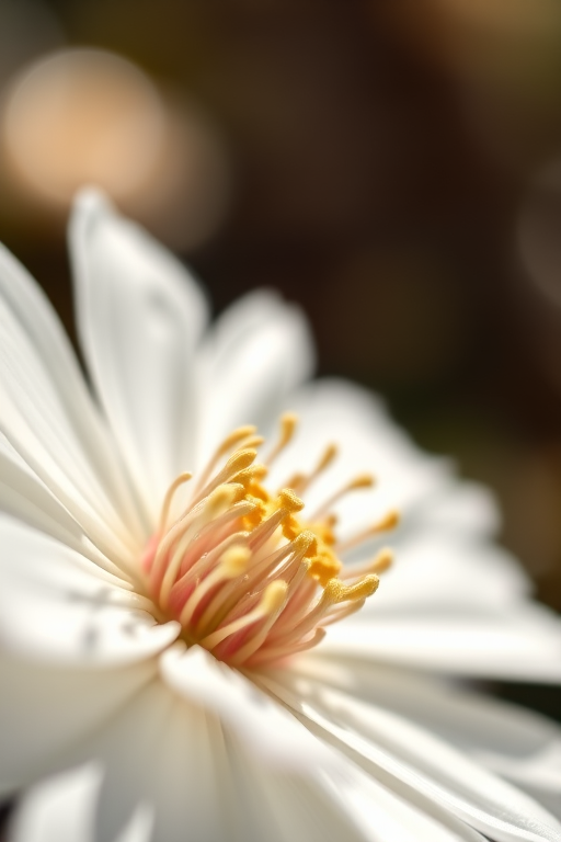 close-up of a white flower with soft bokeh background, natural sunlight, DSLR camera, f/1.8 aperture, 50mm lens, ISO 100, macro photography technique