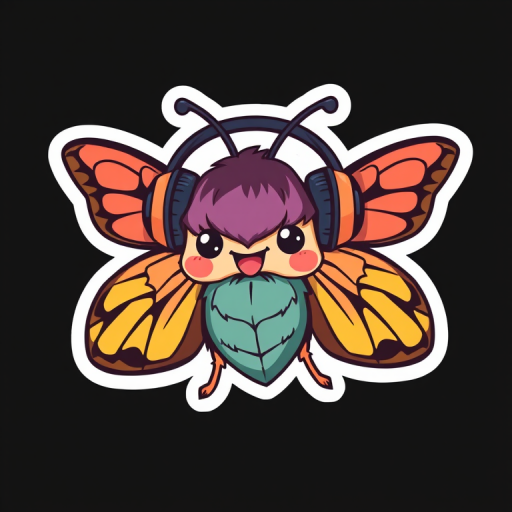 this image is sticker, Happy Colorful Moth wearing Headphones, kawaii, contour, vector, black background