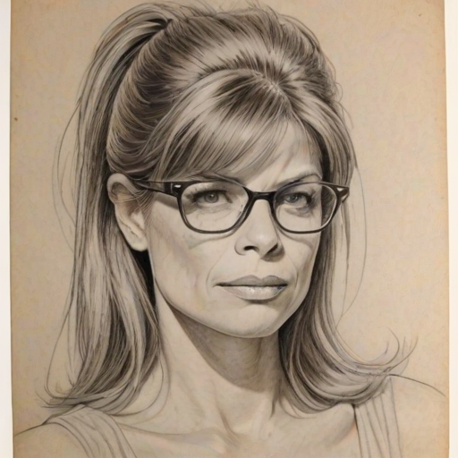 Wonderful Linda Hamilton, pencil sketch, portrait of Magnificent woman 1962s in glasses, hair style beatnik, outline, clear lines, fine lines, 8k