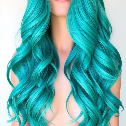 Vibrant teal mermaid waves cascade down to the waist, shimmering with iridescent highlights and styled in loose beachy curls, exuding an ethereal and enchanting aura