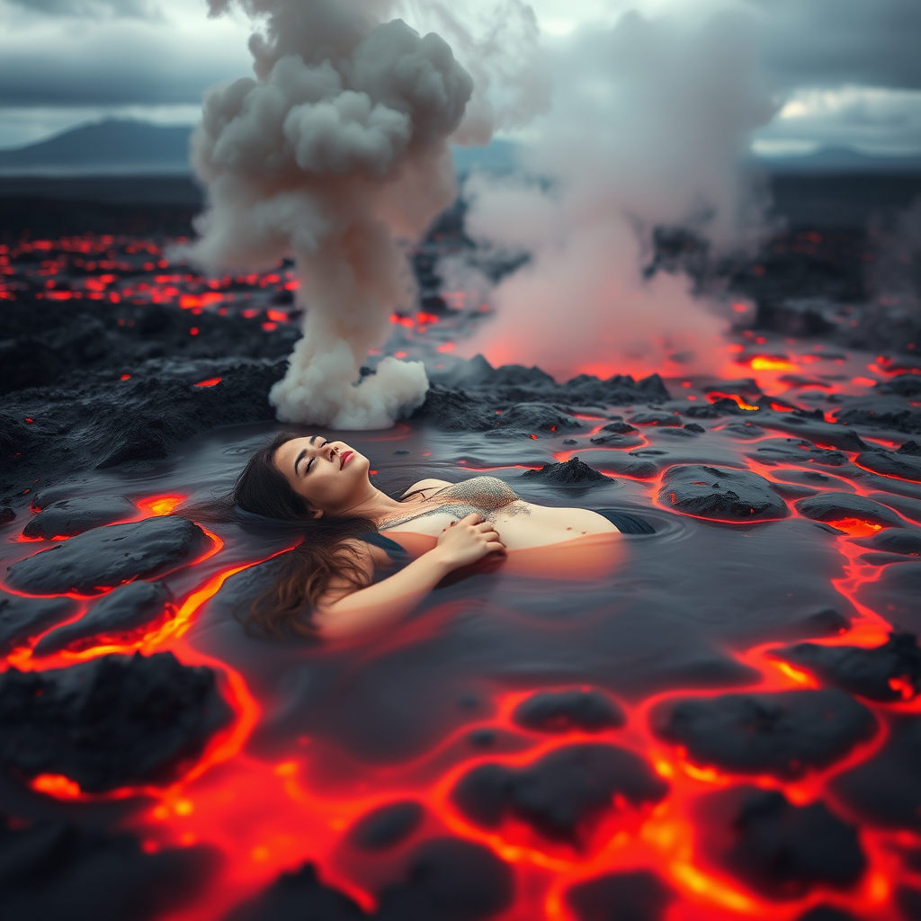 A surreal, detailed image of a woman lying comfortably in flowing lava, with gray smoke rising around her. She appears relaxed despite the molten surroundings, with a volcanic landscape and distant mountains in the background. The scene is vivid, with the bright lava contrasting against the dark, smoky atmosphere.