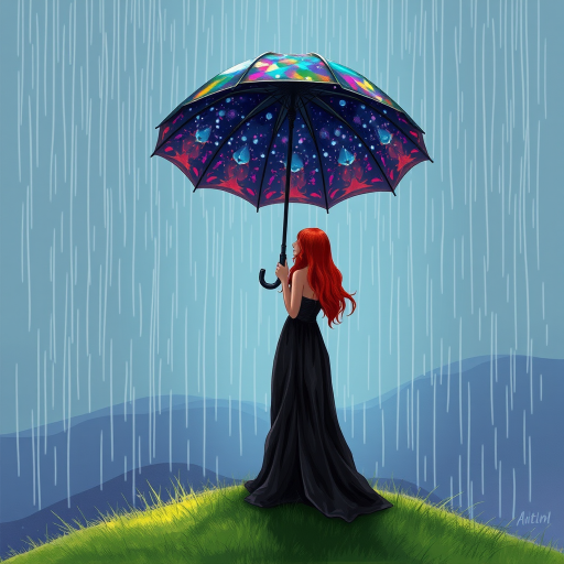 A surreal hand-drawn digital artwork depicting a mysterious red-haired woman standing on a grassy hill under the rain. She holds an umbrella crafted from iridescent zircon, its vibrant sheen contrasting with the soft, rainy atmosphere. The scene feels dreamlike, blending the natural elements of the hill and rain with the otherworldly shimmer of the umbrella.