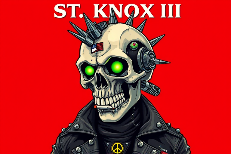 image of a stylized figure that merges human traits with mechanical parts, embodying the essence of a cyborg. The character's head is a detailed skull with eyes that emit a green luminescence, and atop its head are metallic spikes, styled in the fashion of a mohawk, to accentuate a punk vibe. A cigarette is placed between its teeth, while it dons a high-collared leather jacket, adorned with studs, reinforcing its rebel ethos. The skull is intricately detailed with elements that evoke metallic machinery and electronic circuits, enhancing its mechanical nature. Emblazoned on the forehead of the skull is a flag, while the jacket's collar is decorated with assorted, vibrant patches, including one with a peace symbol. Set against a striking red backdrop, the text 'ST. KNOX III' hovers above, suggesting a moniker linked to the figure. The overall portrayal is of a figure that represents defiance and a dystopian reality