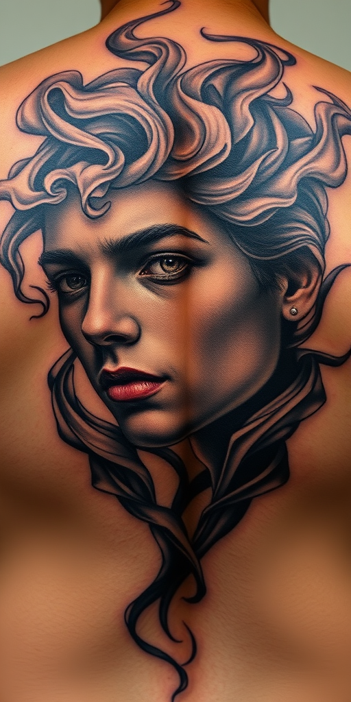 Captivating realism tattoo portrait on the back showcasing a hyper-detailed face emerging from swirling smoke tendrils with expert shading and subtle color accents for added depth